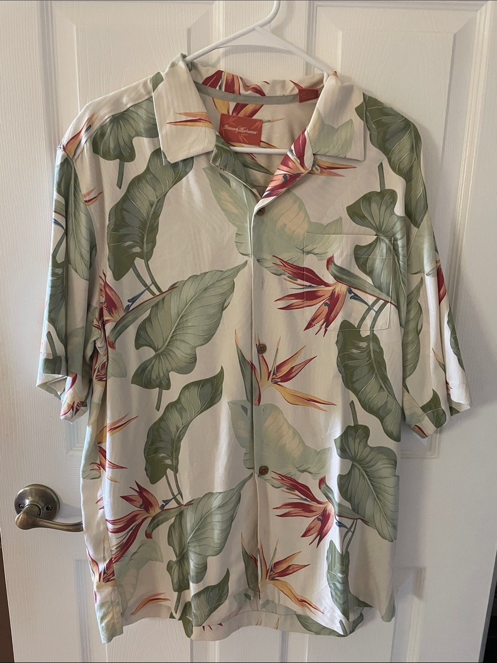 Tommy Bahama Cream Short-Sleeve Tropical Leaf Shirt with Green & Red Accents